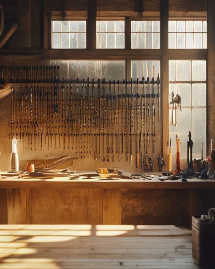 Morning light through workshop windows onto a workbench of neatly arranged hand tools