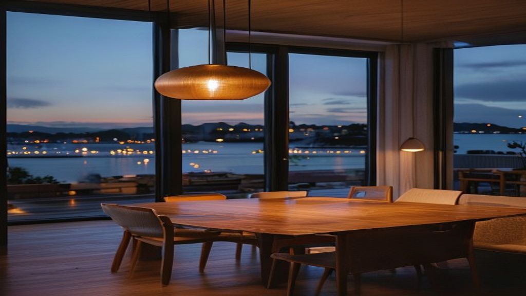 Warm contemporary Auckland living room at dusk, sculptural pendant light glowing above a timber dining table