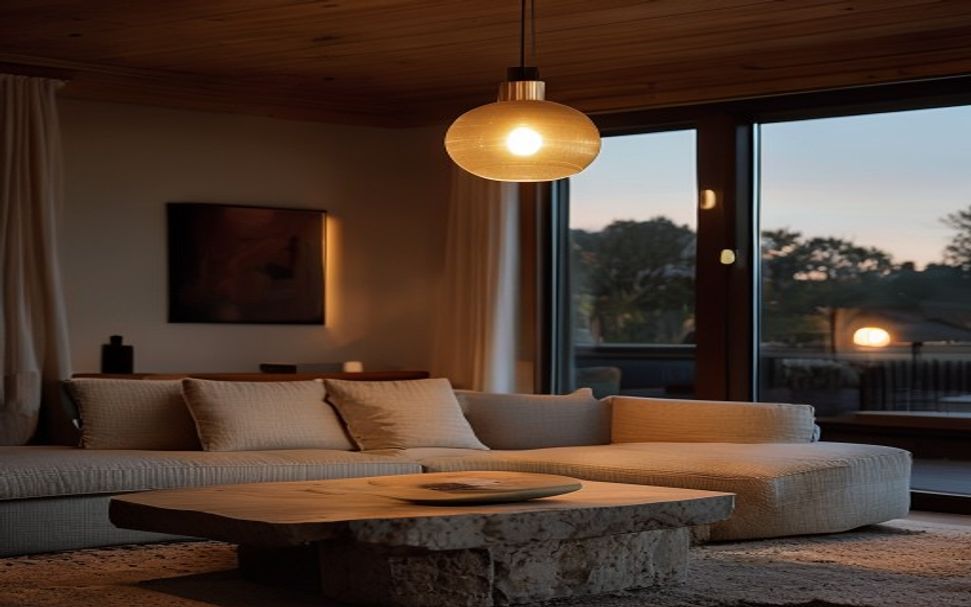 A warm timber-ceilinged Auckland living room detail with a contemporary brass pendant light glowing softly at dusk