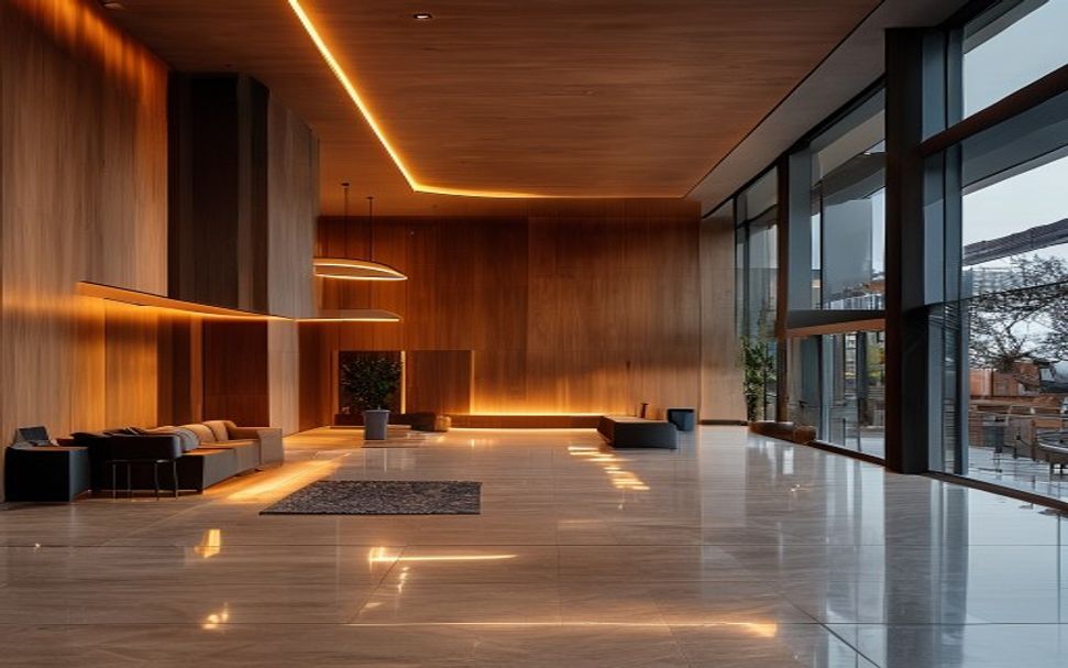 Upscale Auckland apartment building lobby at evening with warm pendant lighting