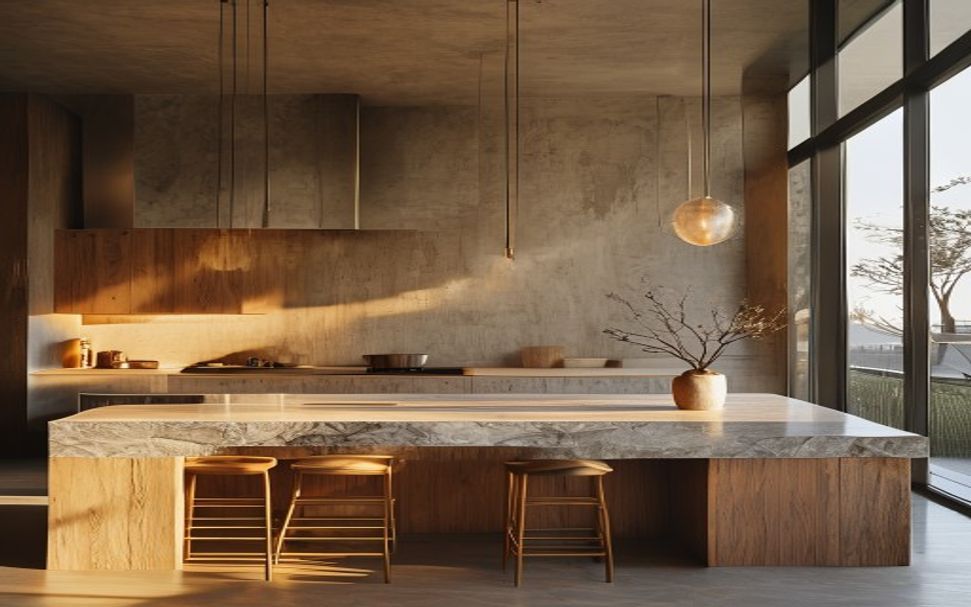 Minimalist luxury Auckland kitchen at golden hour with sculptural pendant lighting